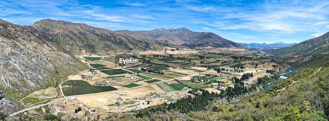 High angle view of field against sky