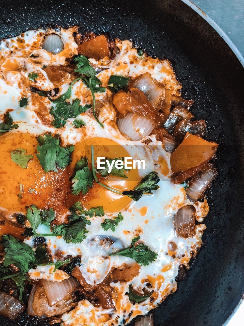 High angle view of food in cooking pan eggs 