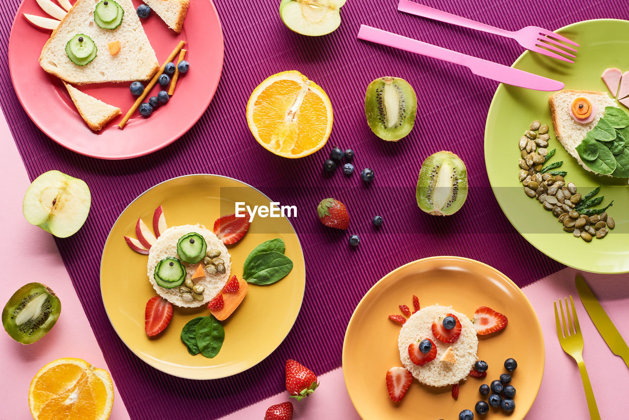 high angle view of food served on table