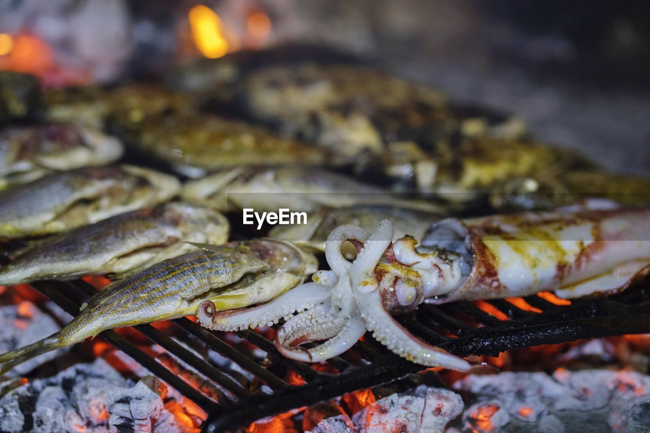 Close-up of fish and squid on barbecue grill