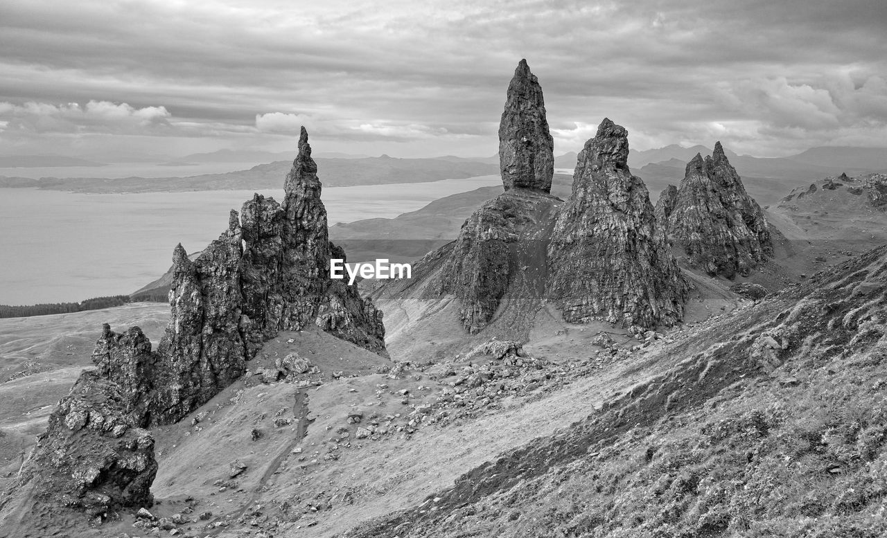 A black and white image of the old man of storr on the trotternish peninsula, isle of skye.