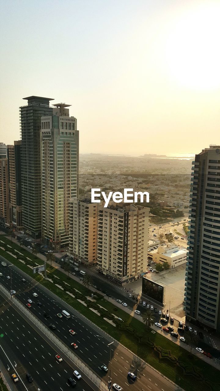 High angle view of cityscape against clear sky