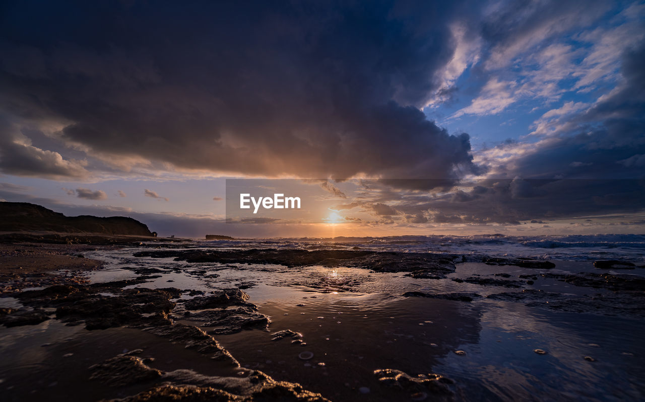 aerial view of beach against sky during sunset