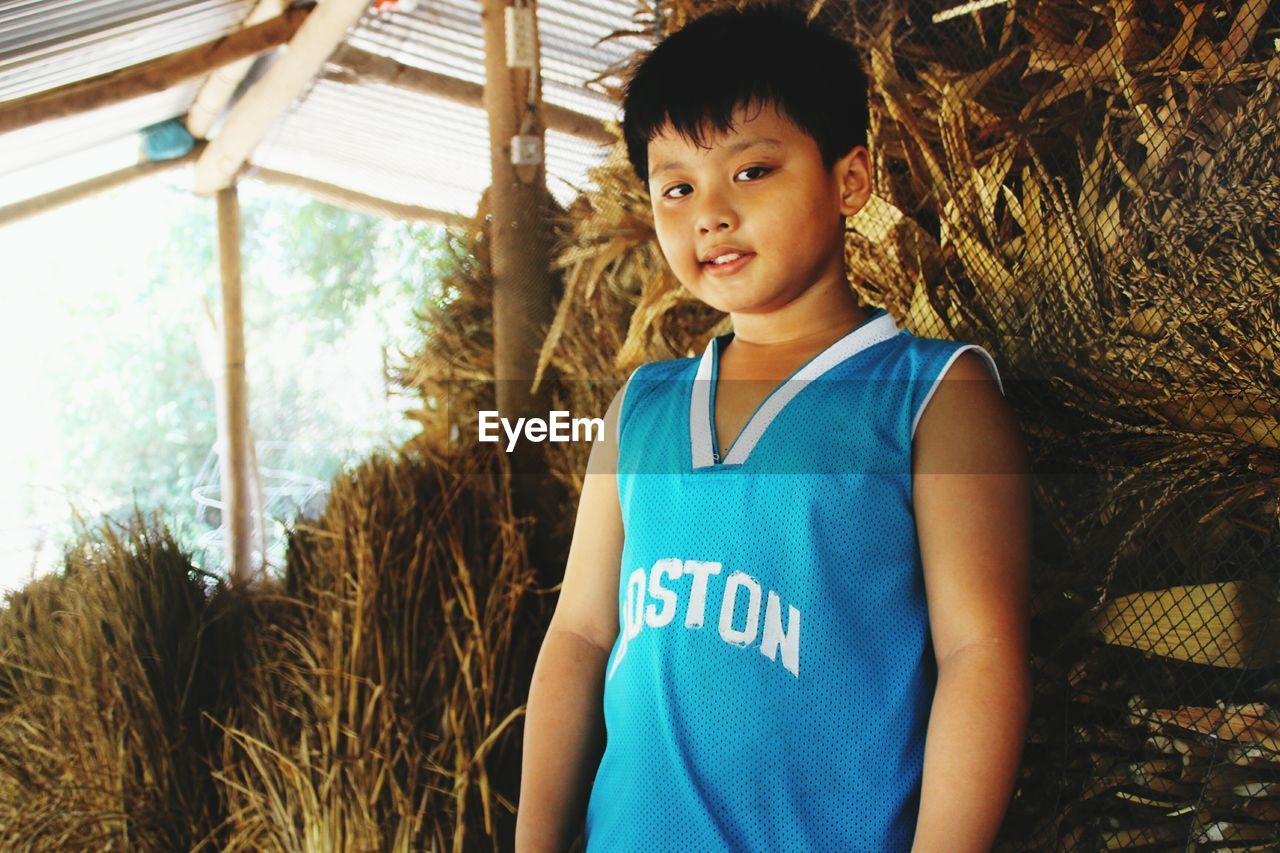 Portrait of boy standing against hay