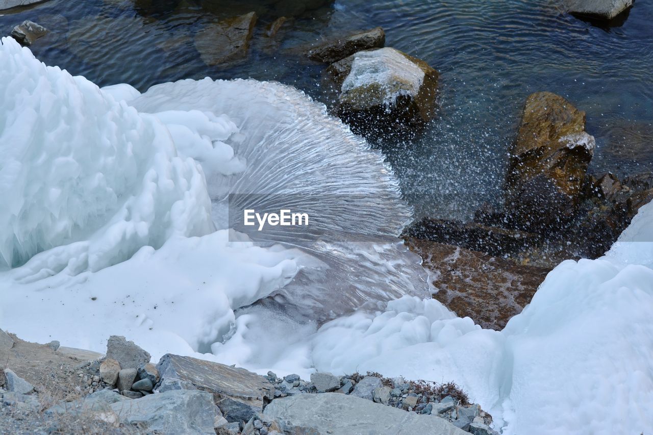 HIGH ANGLE VIEW OF BIRD ON ROCKS
