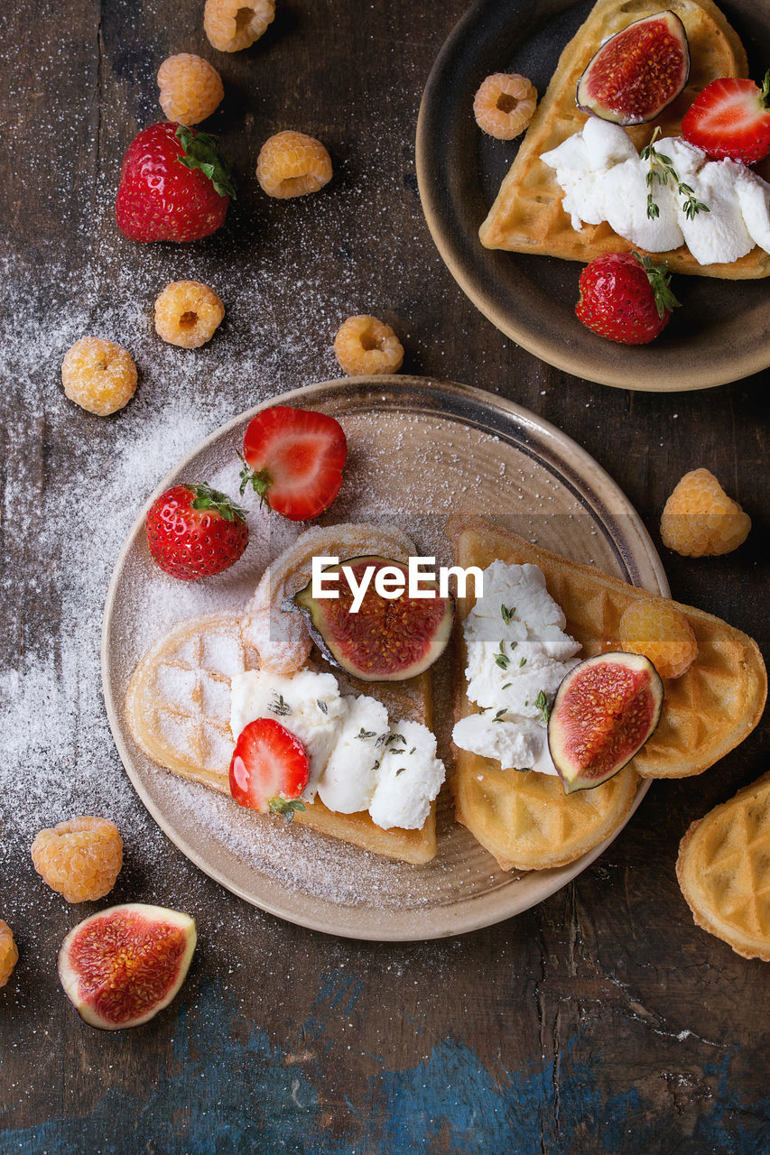 High angle view of dessert on table