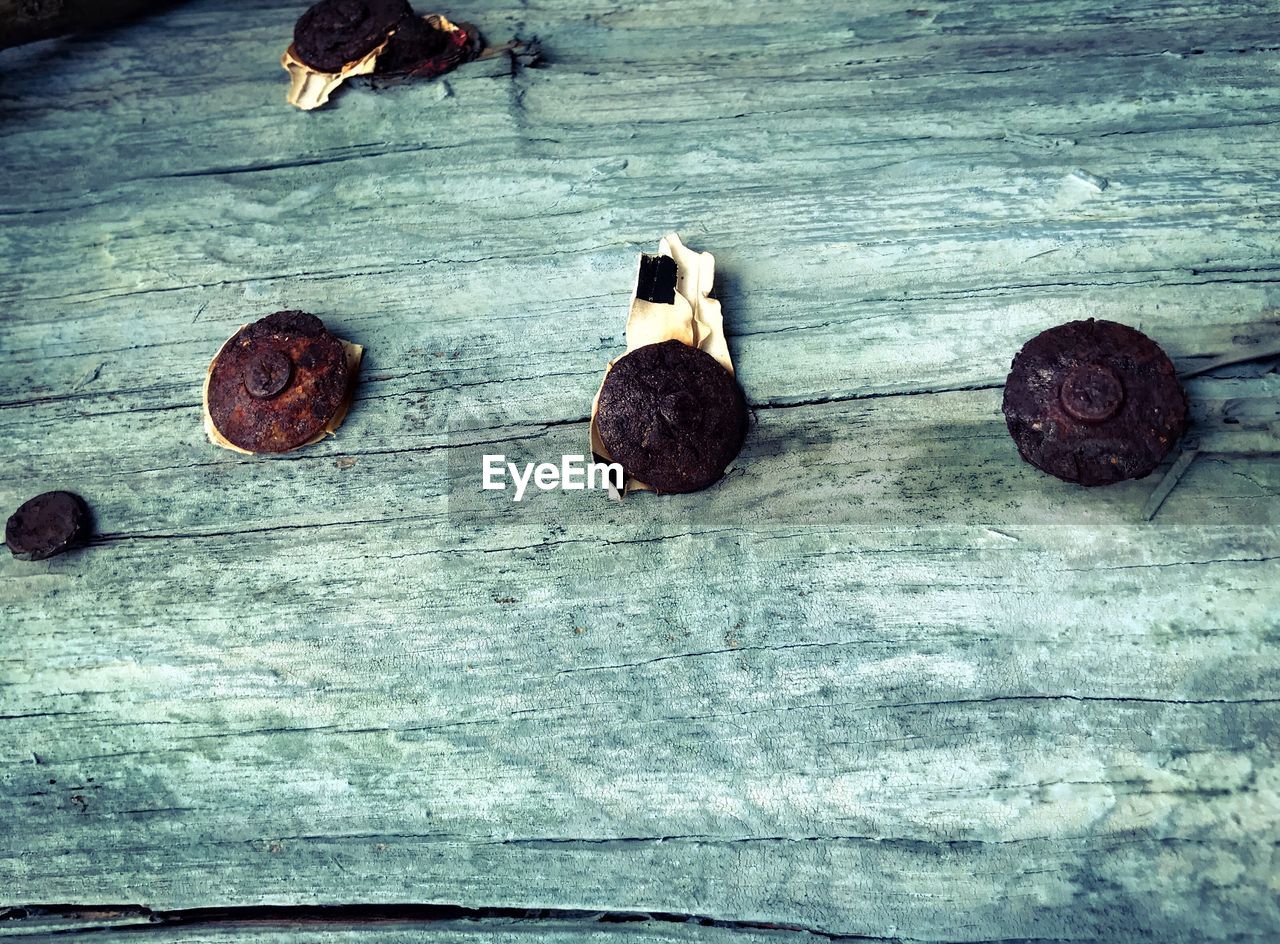 High angle view of sweet food on wooden table