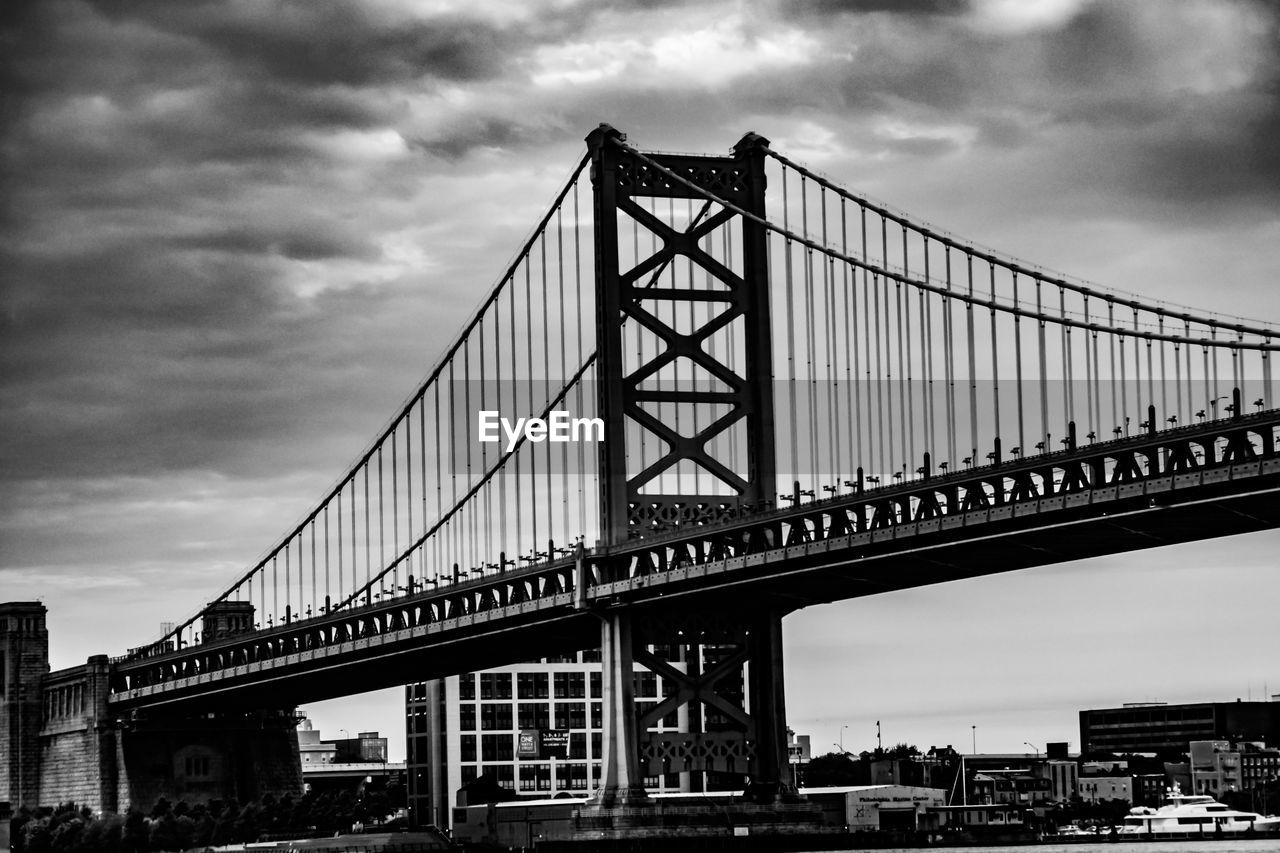 LOW ANGLE VIEW OF SUSPENSION BRIDGE IN CITY