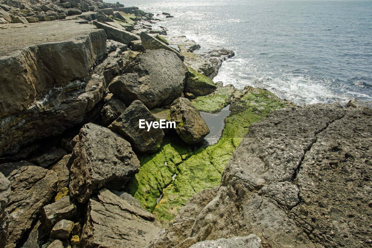 HIGH ANGLE VIEW OF ROCKS ON SHORE AT SEA