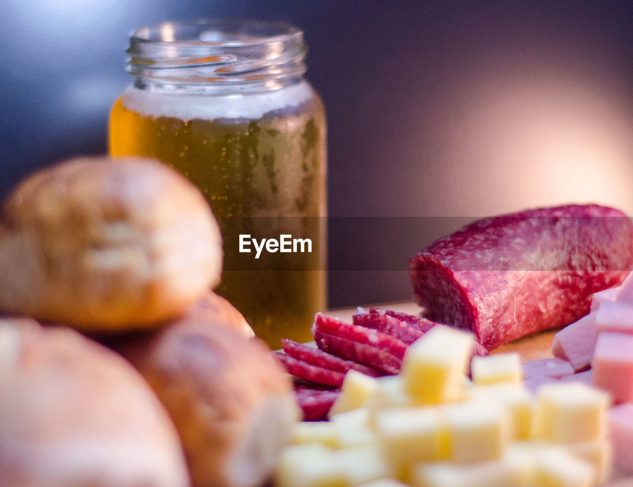 Close-up of food and drink on table