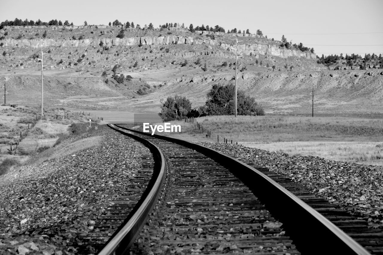 RAILROAD TRACK BY LANDSCAPE AGAINST SKY