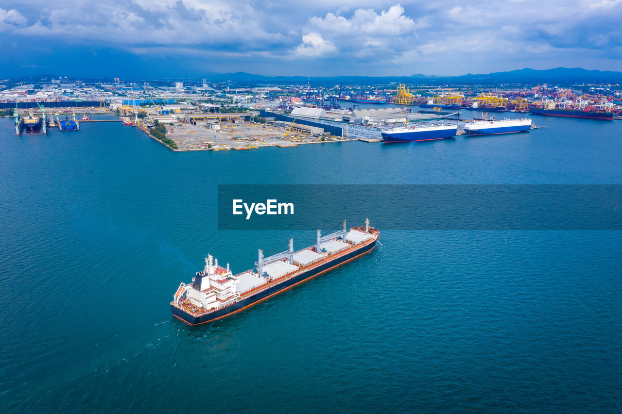 High angle view of ship in sea against sky