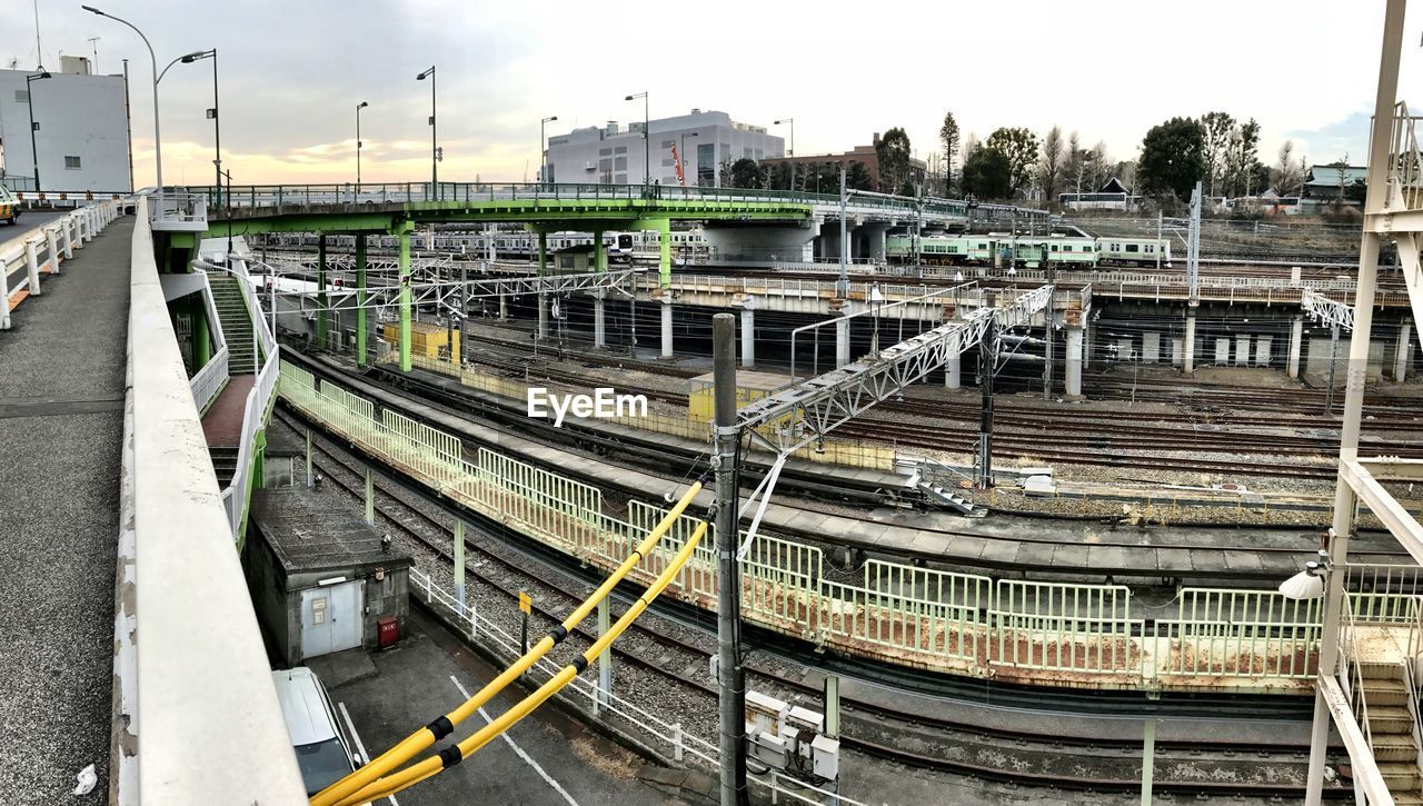 High angle view of railway tracks in city