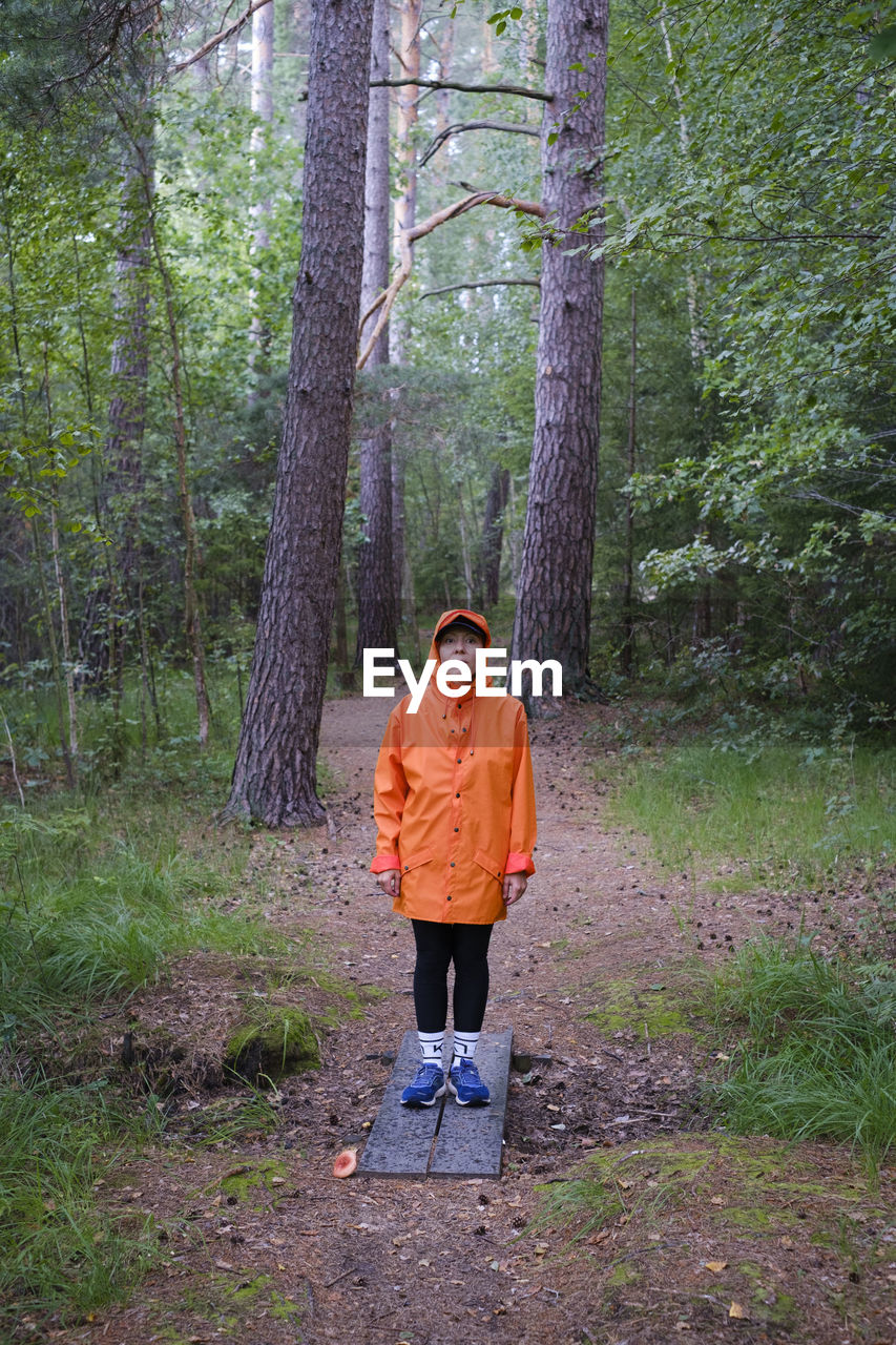 Full length of woman standing by tree in forest