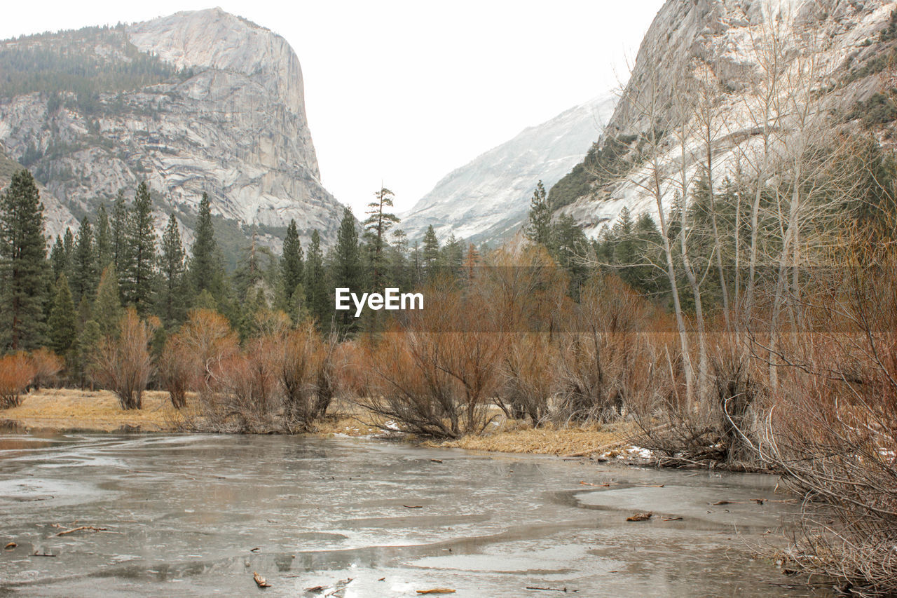 Frozen lake by bare trees on field against mountains during winter