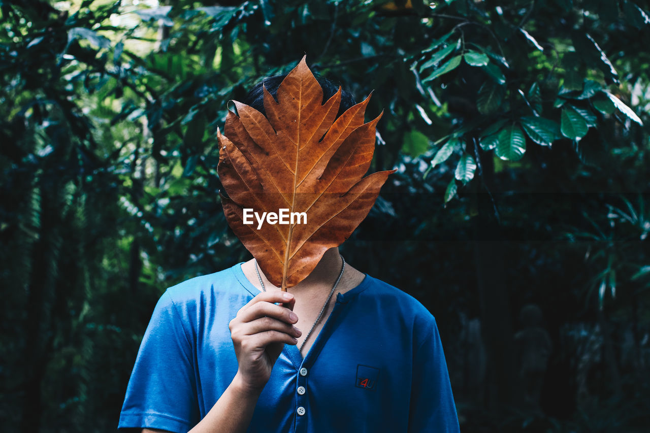Young man covering face with autumn leaf against plants