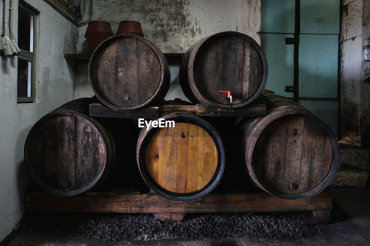 Full frame shot of wine in barrels.