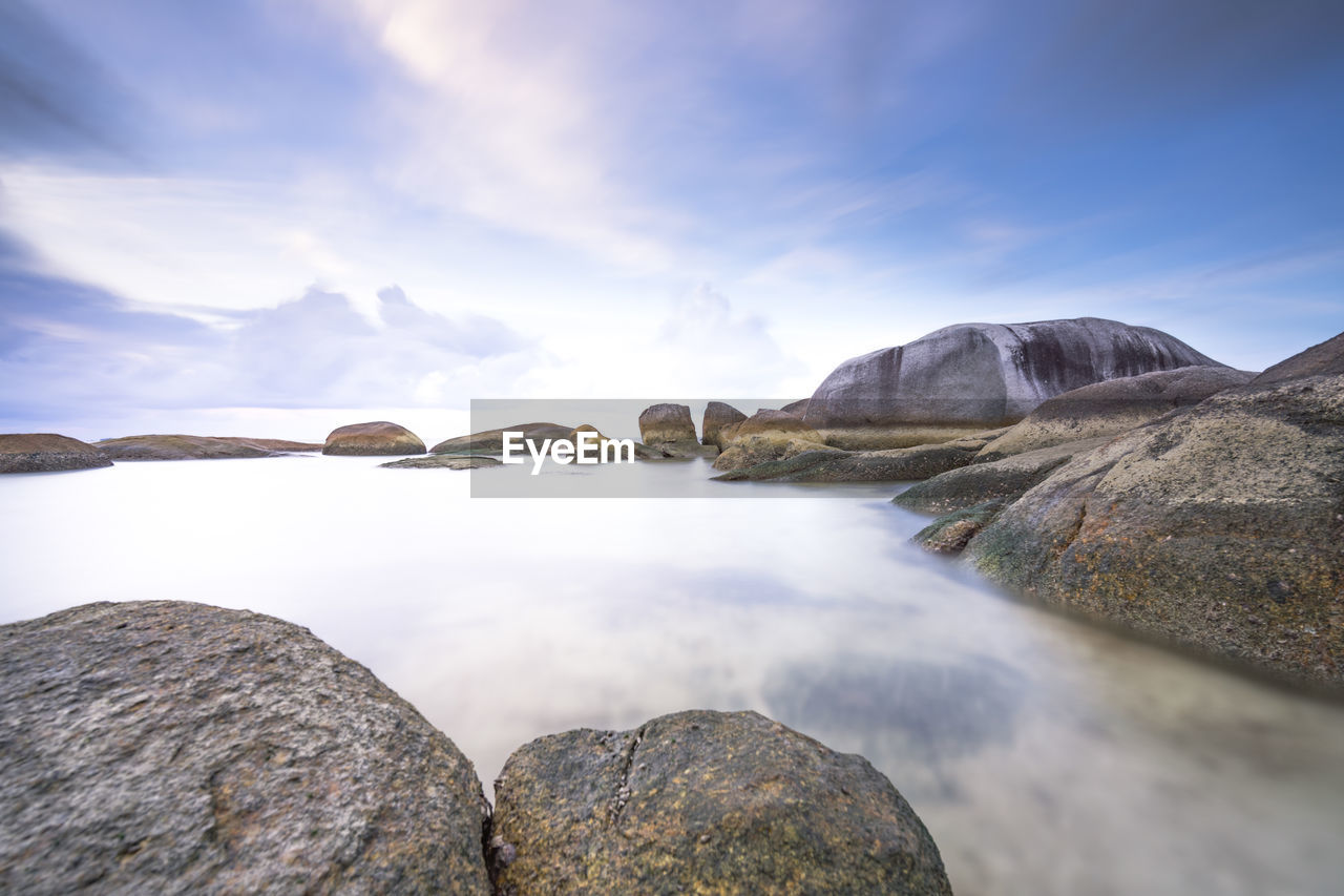 Scenic view of sea and rocks against sky