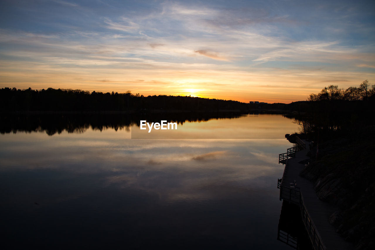 Scenic view of calm lake at sunset