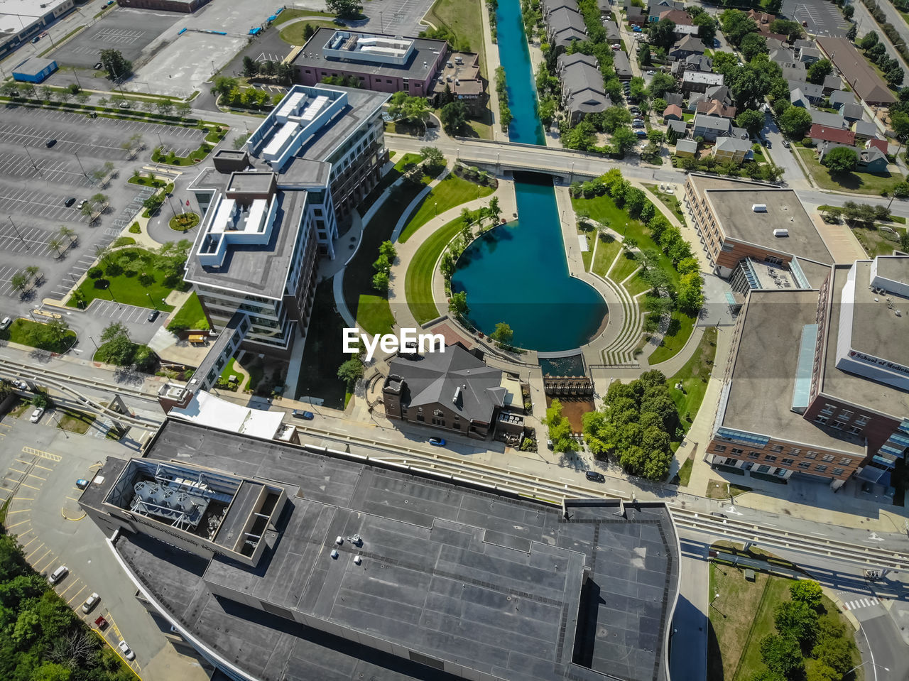 High angle view of road amidst buildings in city