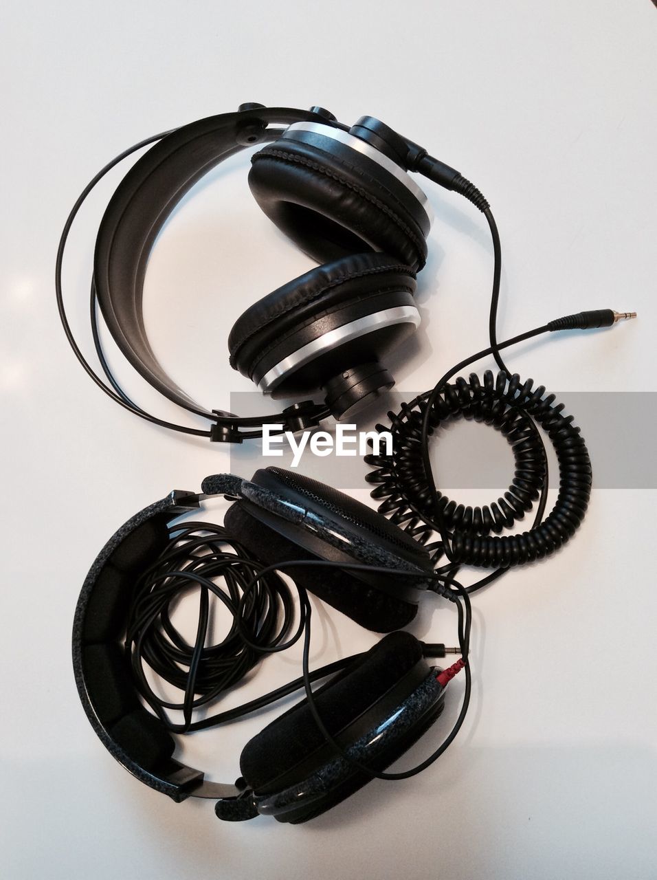 High angle view of headphones on white background