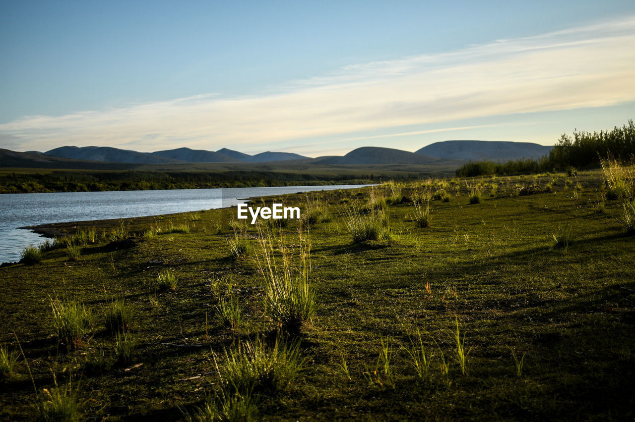 Scenic view of field against sky with mountains in the background