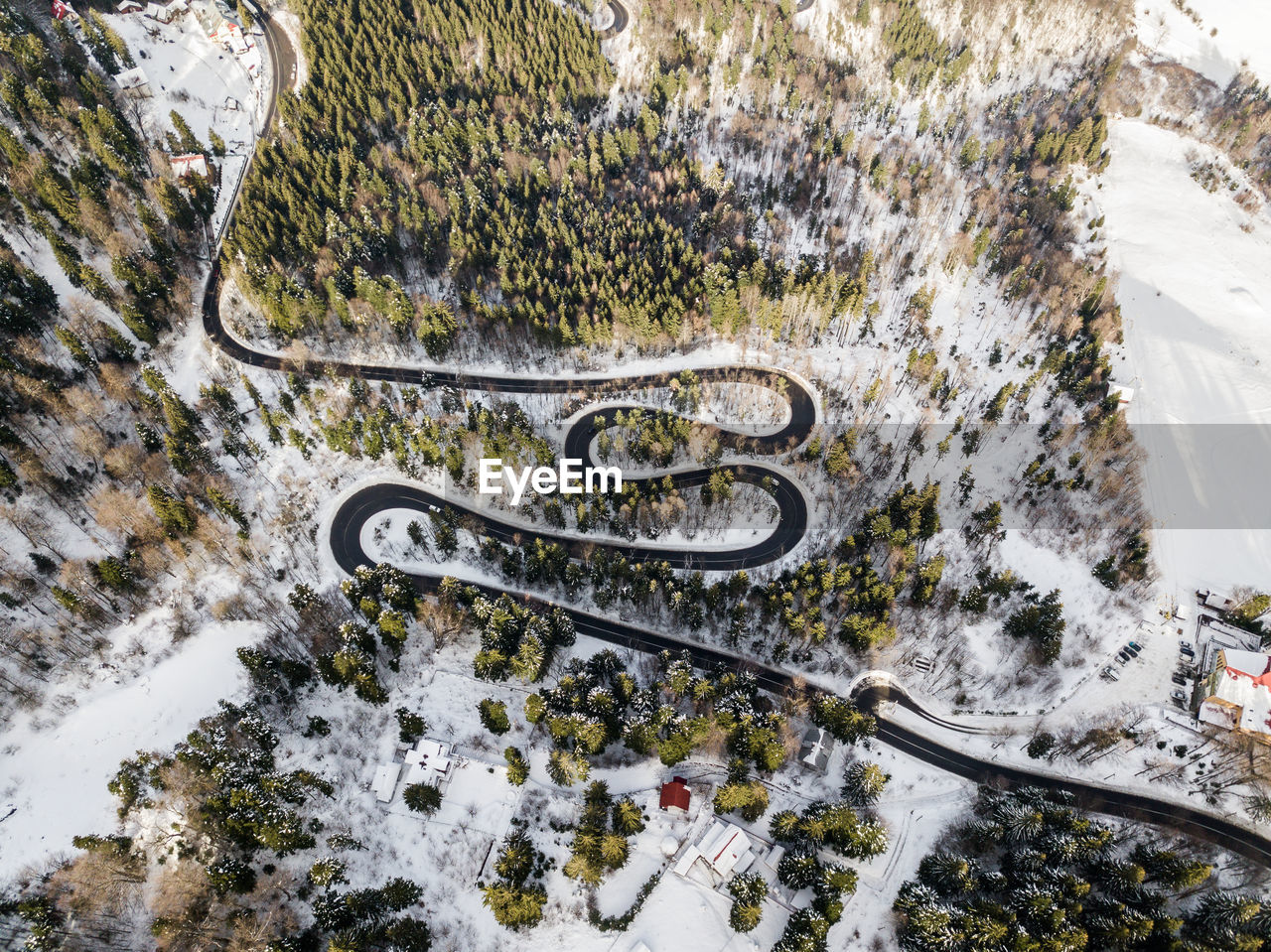 High angle view of road amidst trees during winter