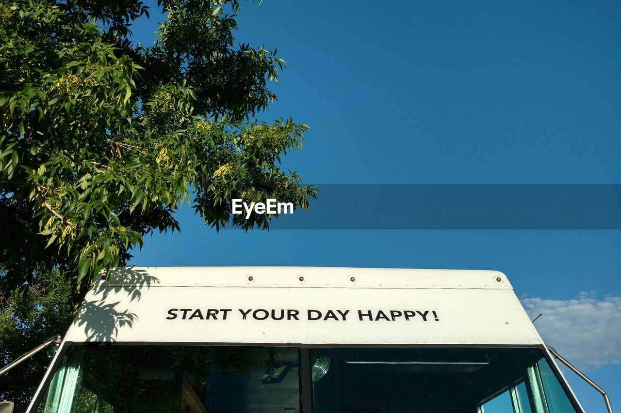 Low angle view of text on truck by branches against blue sky