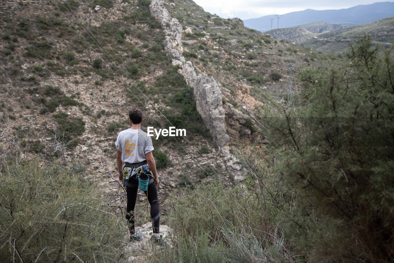 Rear view of man standing on cliff