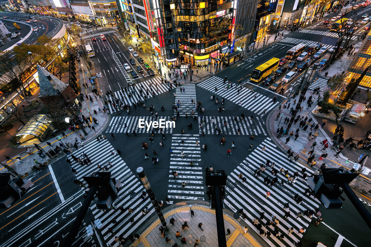 High angle view of illuminated city street