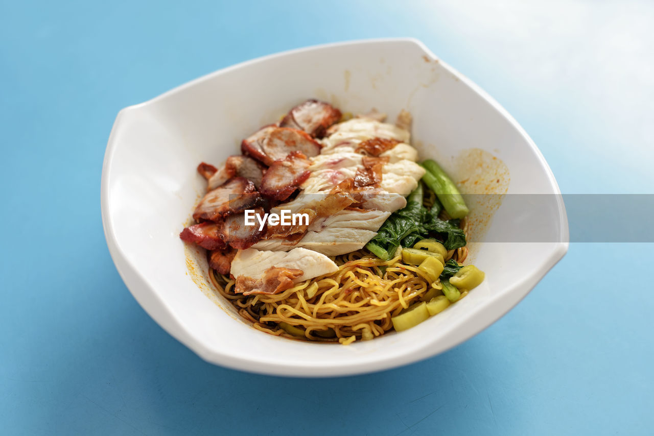 High angle view of food in bowl over blue background