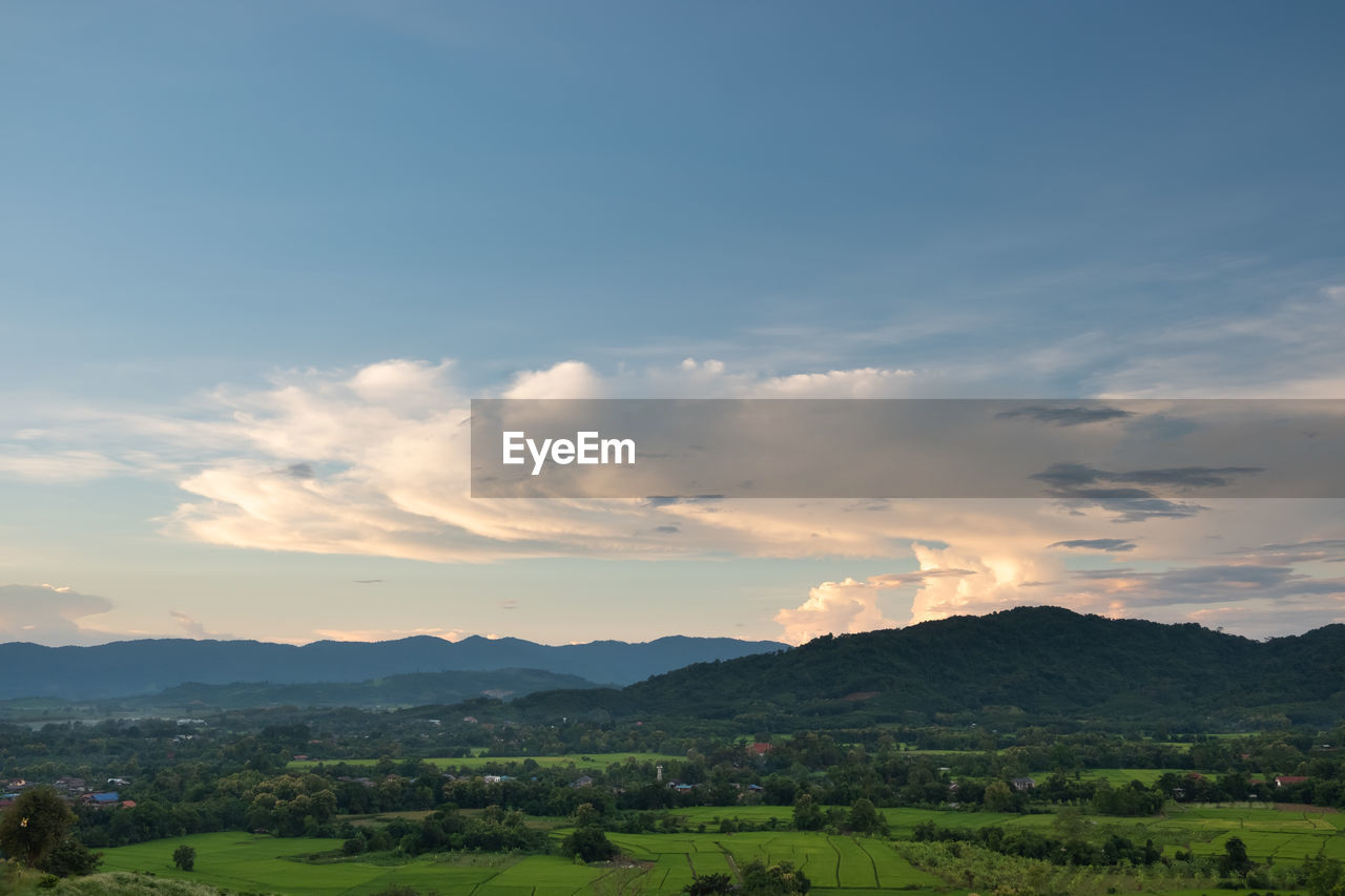 SCENIC VIEW OF LANDSCAPE AND MOUNTAINS AGAINST SKY