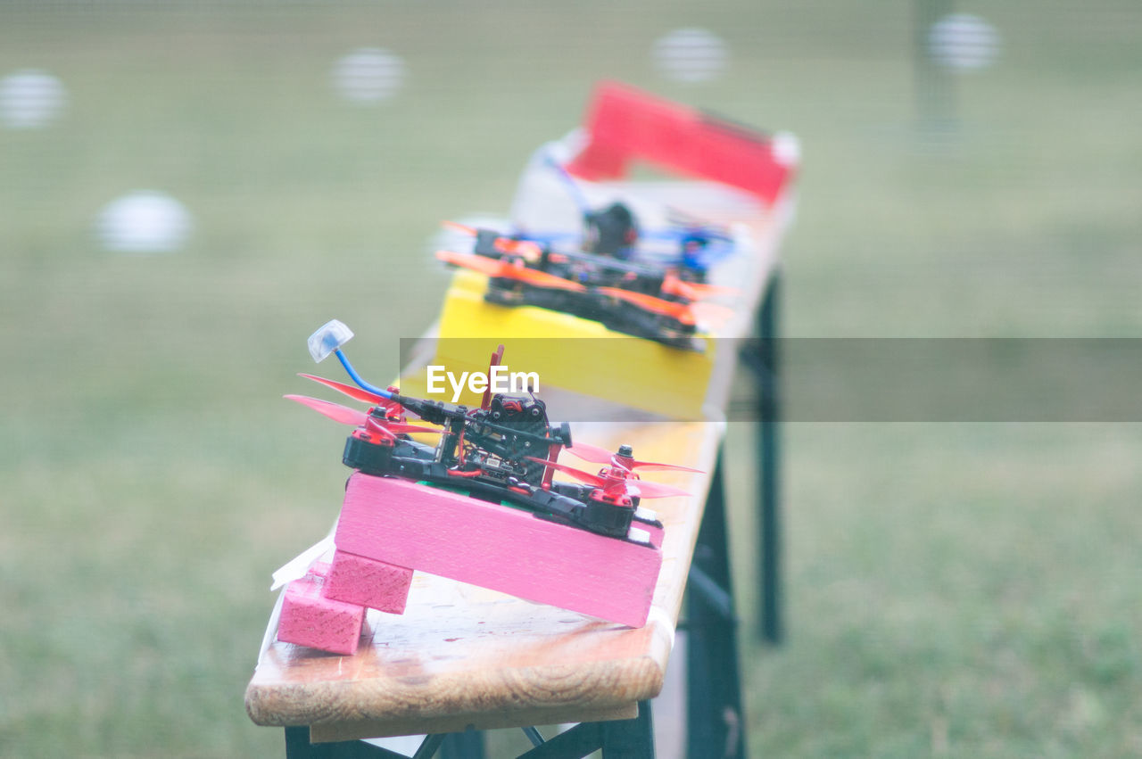 High angle view of toys on table in yard