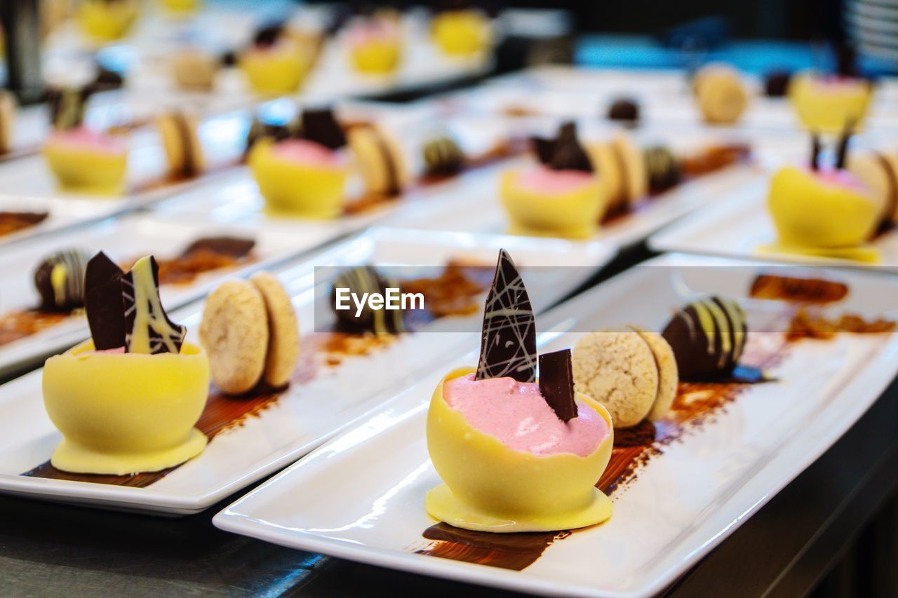 Close-up of dessert served on table