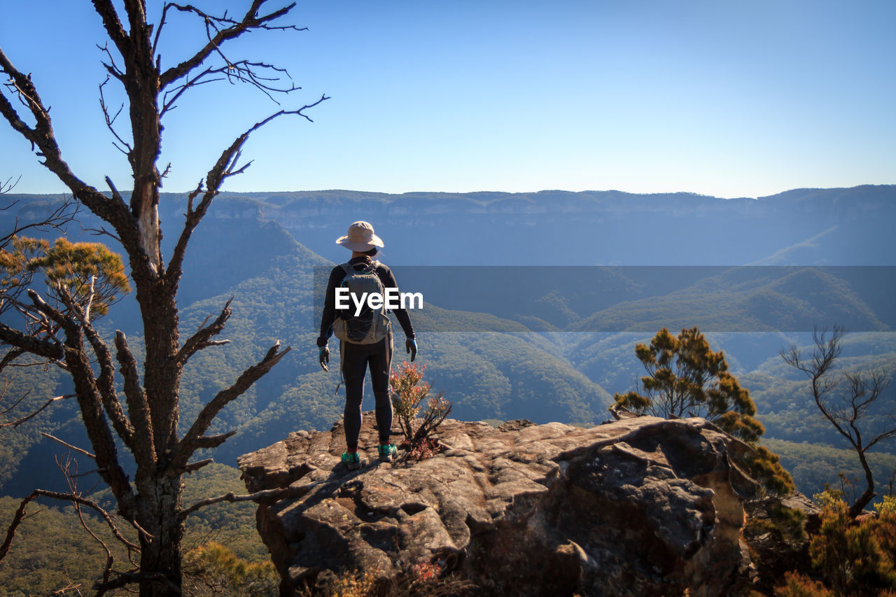 Rear view of man standing on mountain against clear sky