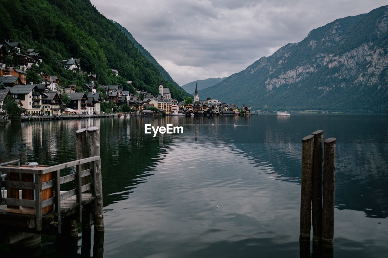 Scenic view of lake by mountains against sky