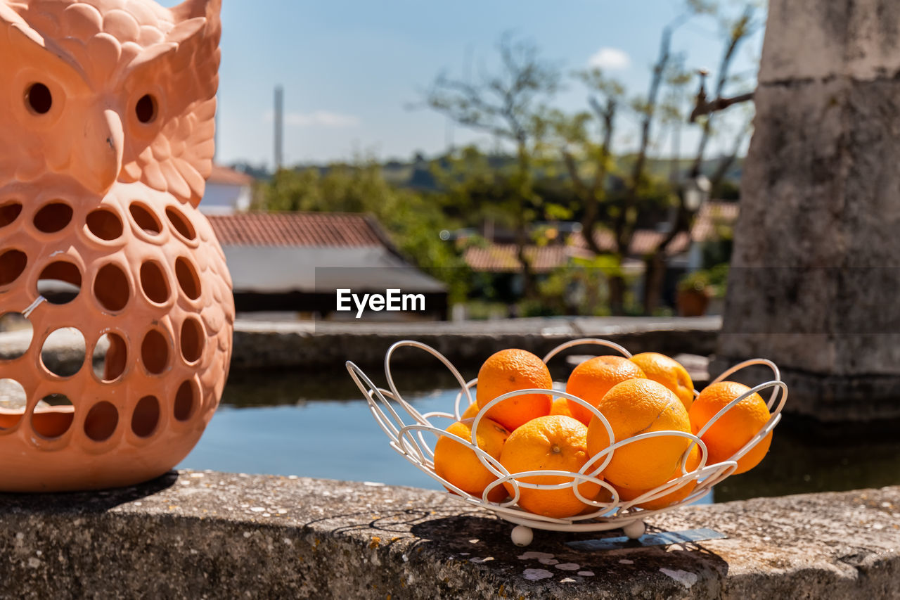 CLOSE-UP OF ORANGE SLICE AGAINST SKY