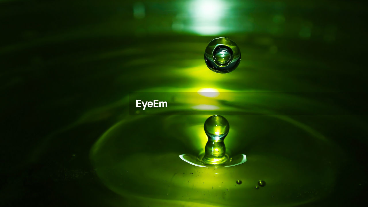 CLOSE-UP OF WATER DROP FALLING ON GREEN LEAF