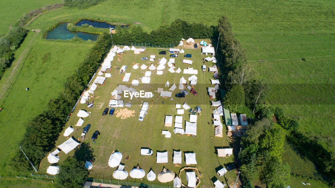 High angle view of buildings on field