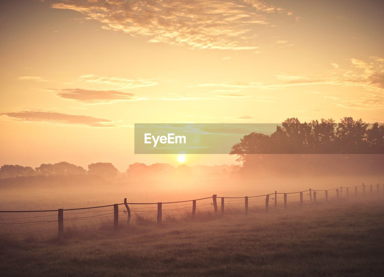 Fence on grassy field in foggy weather against sky during sunset