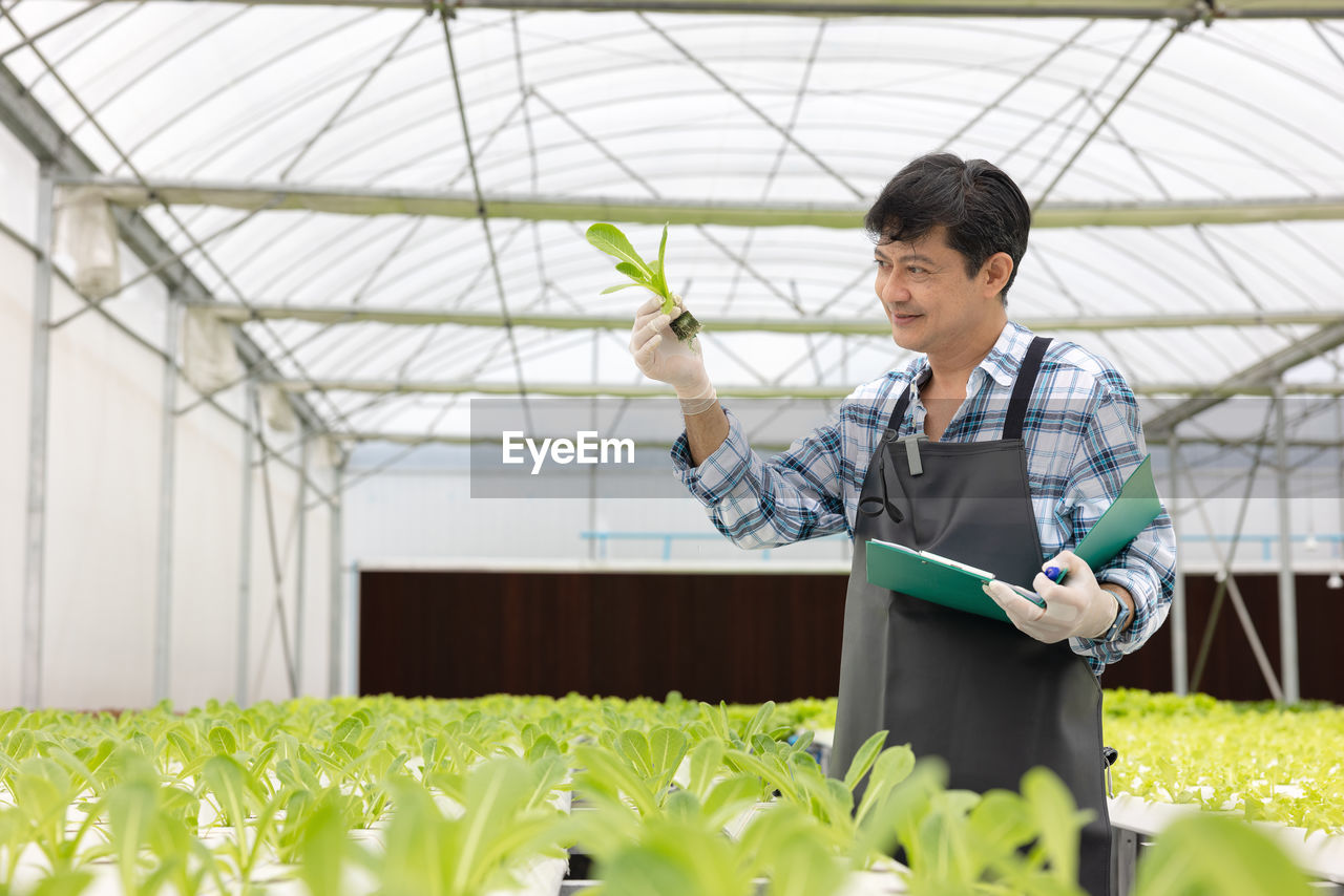 greenhouse, growth, botany, agriculture, occupation, plant nursery, research, adult, plant, one person, tool, indoors, working, scientific experiment, biochemistry, science, gardening, standing, education, nature, flower, holding, men, examining, genetic modification, looking, specimen holder, environmental conservation, waist up, business, scientist, crop, technology, protective workwear, environmental issues, business finance and industry, biotechnology, beauty in nature, environment, protection, copy space, day, person, clipboard, field, clothing, three quarter length, looking down, healthcare and medicine, development, mature adult, technician, farm, front view, green, expertise, smiling, concentration