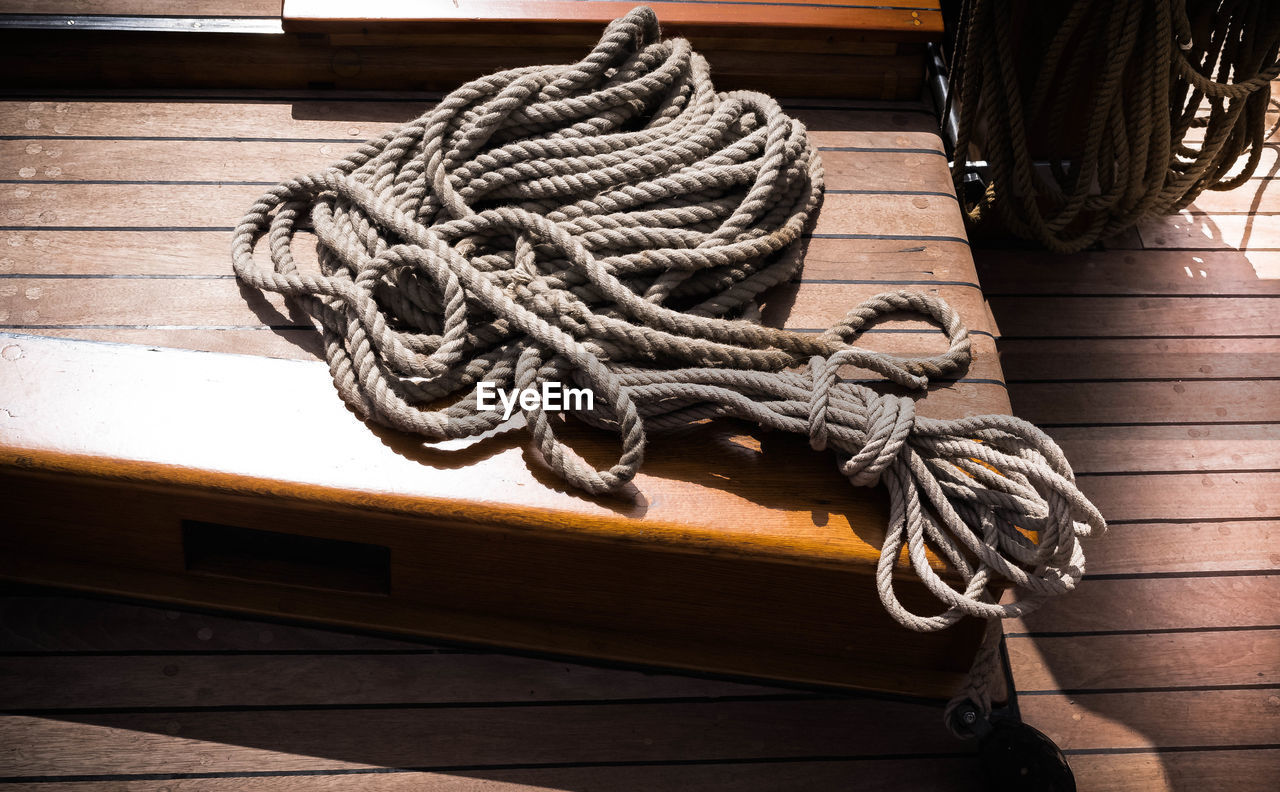 High angle view of ropes on boat