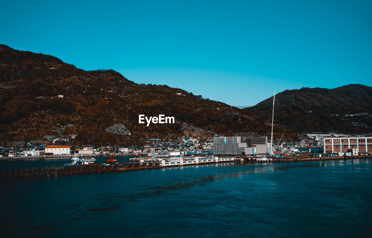 Scenic view of sea against clear blue sky