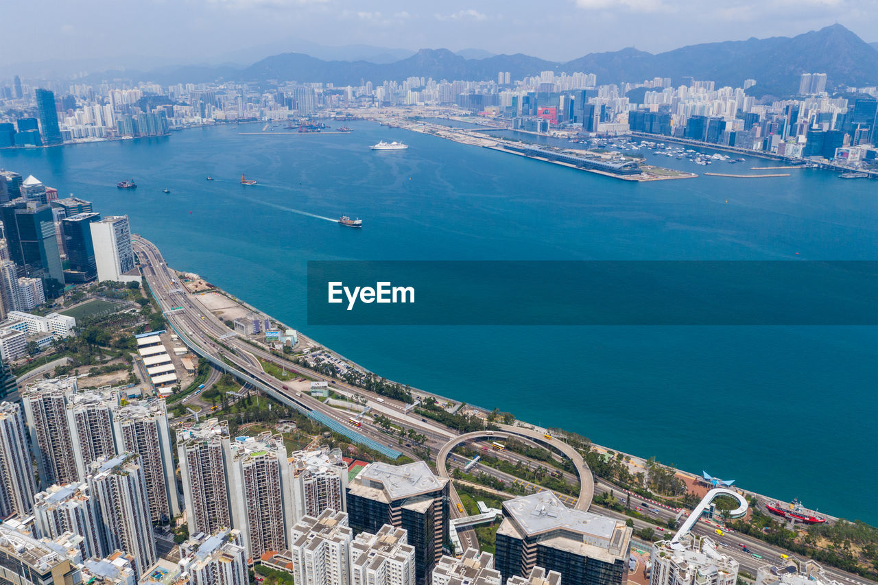 High angle view of city at waterfront