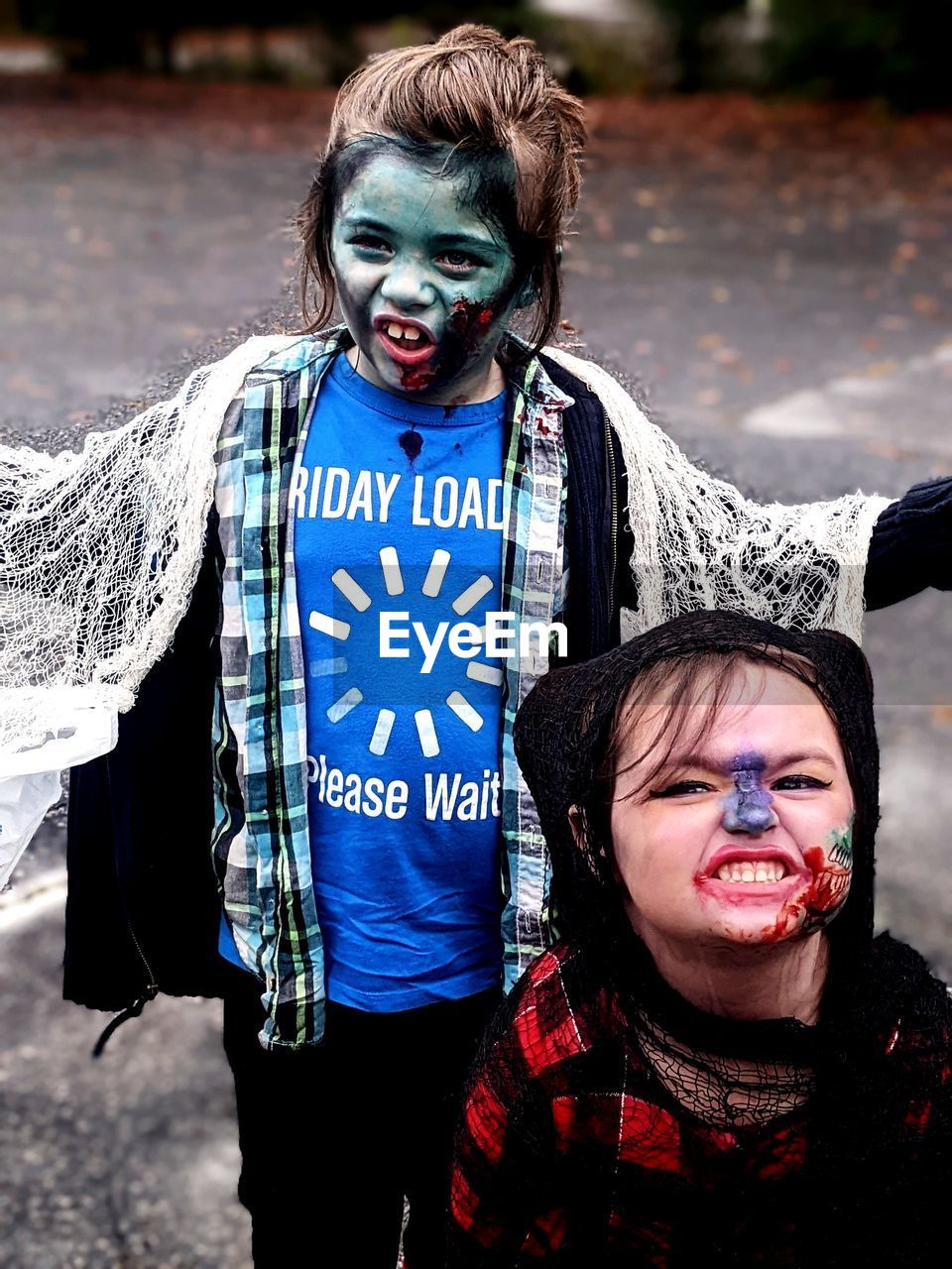 two people, portrait, halloween, emotion, adult, looking at camera, women, men, costume, child, celebration, fear, fun, togetherness, spooky, young adult, person, human face, clothing, childhood, dressing up, female, horror, zombie, face paint, smiling, front view, lifestyles, mouth open, happiness, outdoors, day, nature, family, human mouth, shouting, mask - disguise