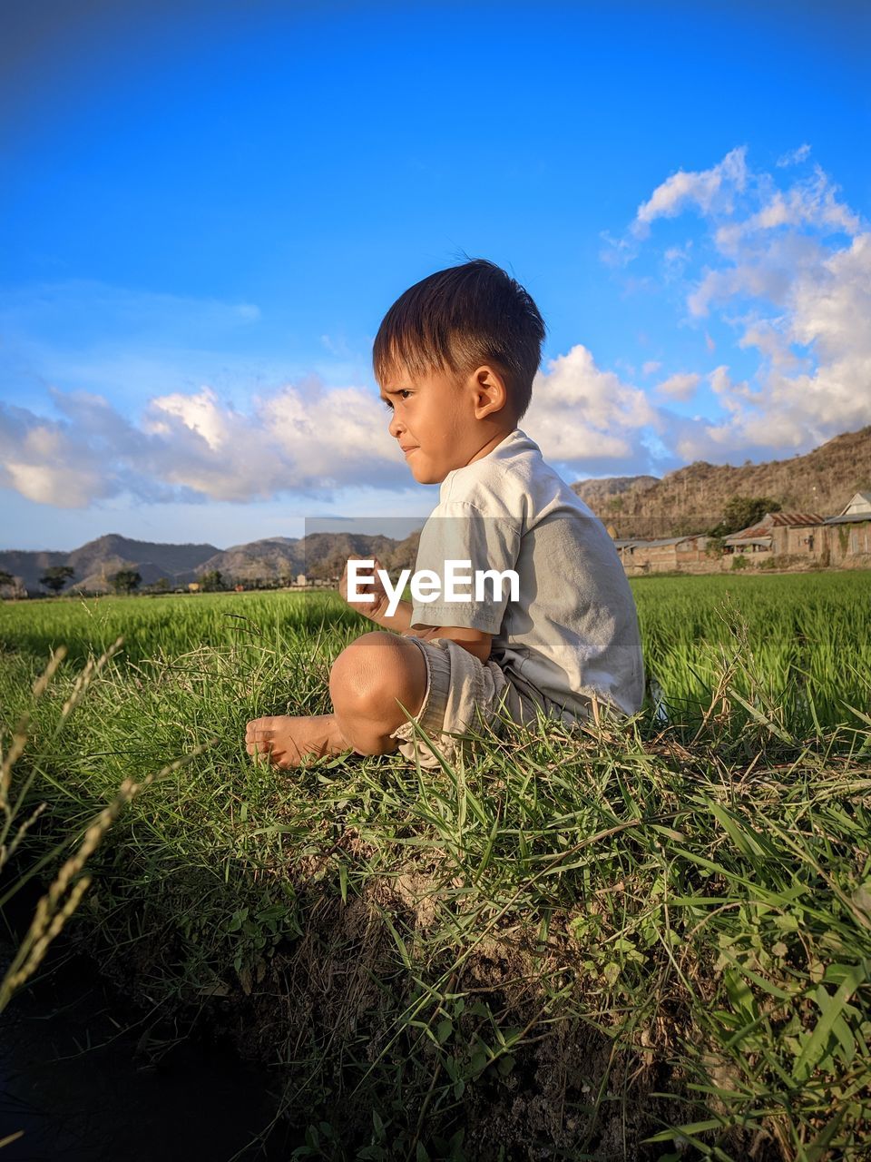 childhood, child, one person, sky, men, nature, grass, plant, landscape, land, field, environment, cloud, cute, rural scene, mountain, rural area, natural environment, blue, outdoors, casual clothing, full length, day, looking, toddler, innocence, sitting, meadow, beauty in nature, leisure activity, agriculture, person, lifestyles, scenics - nature, baby, growth, food, smiling, tree