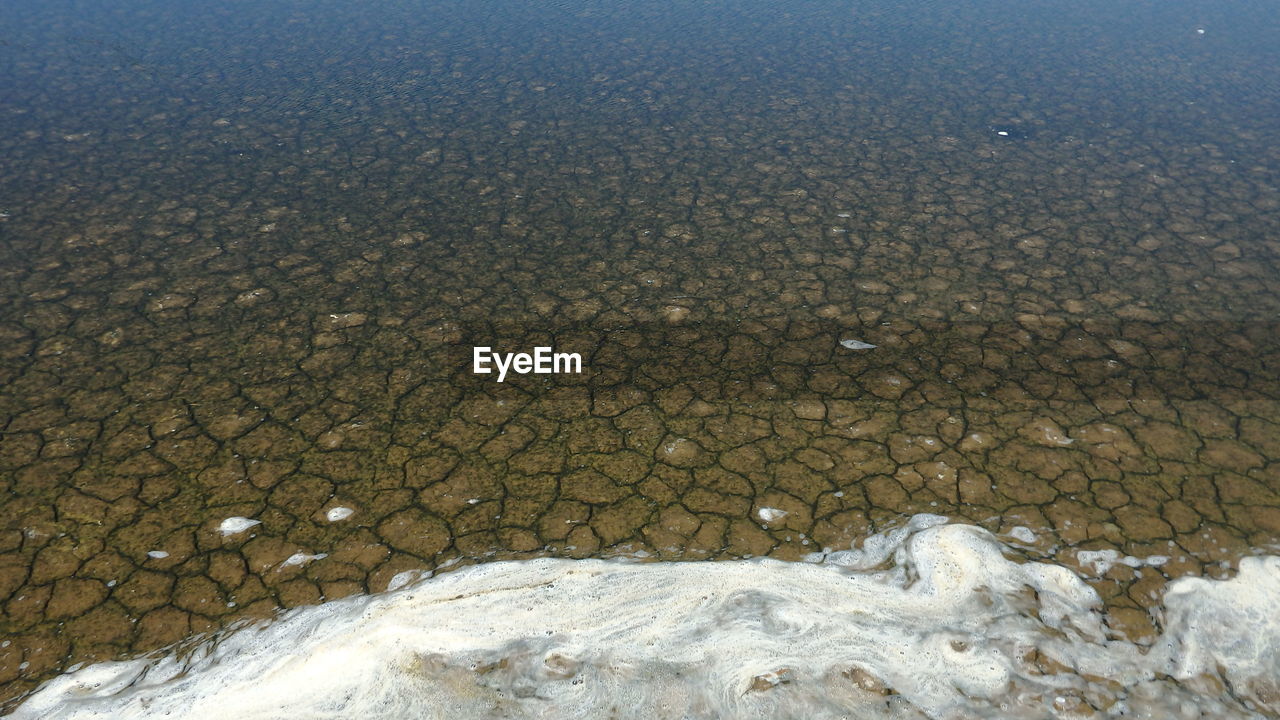 HIGH ANGLE VIEW OF CRACKED LAND ON SHORE