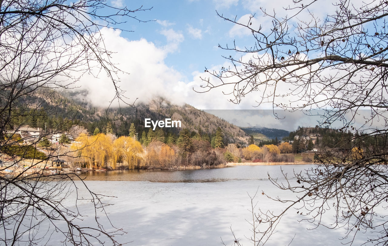 SCENIC VIEW OF LAKE BY BARE TREES AGAINST SKY