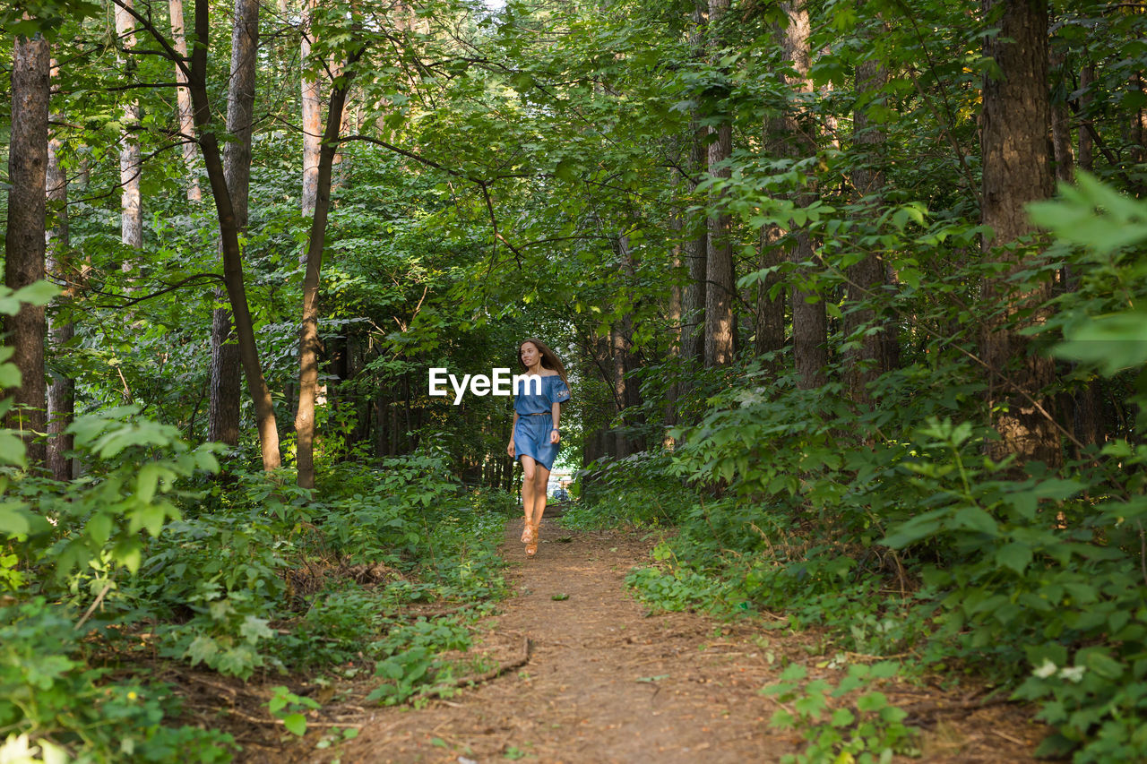 REAR VIEW OF MAN WALKING IN FOREST