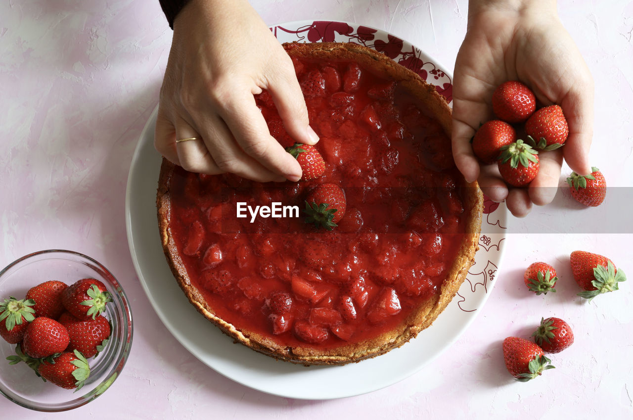 High angle view of strawberries on table